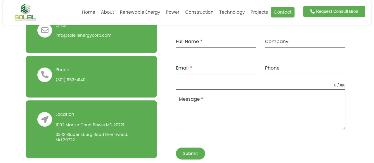 Current contact page showing both office addresses