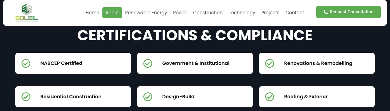 Certifications and compliance block including NABCEP