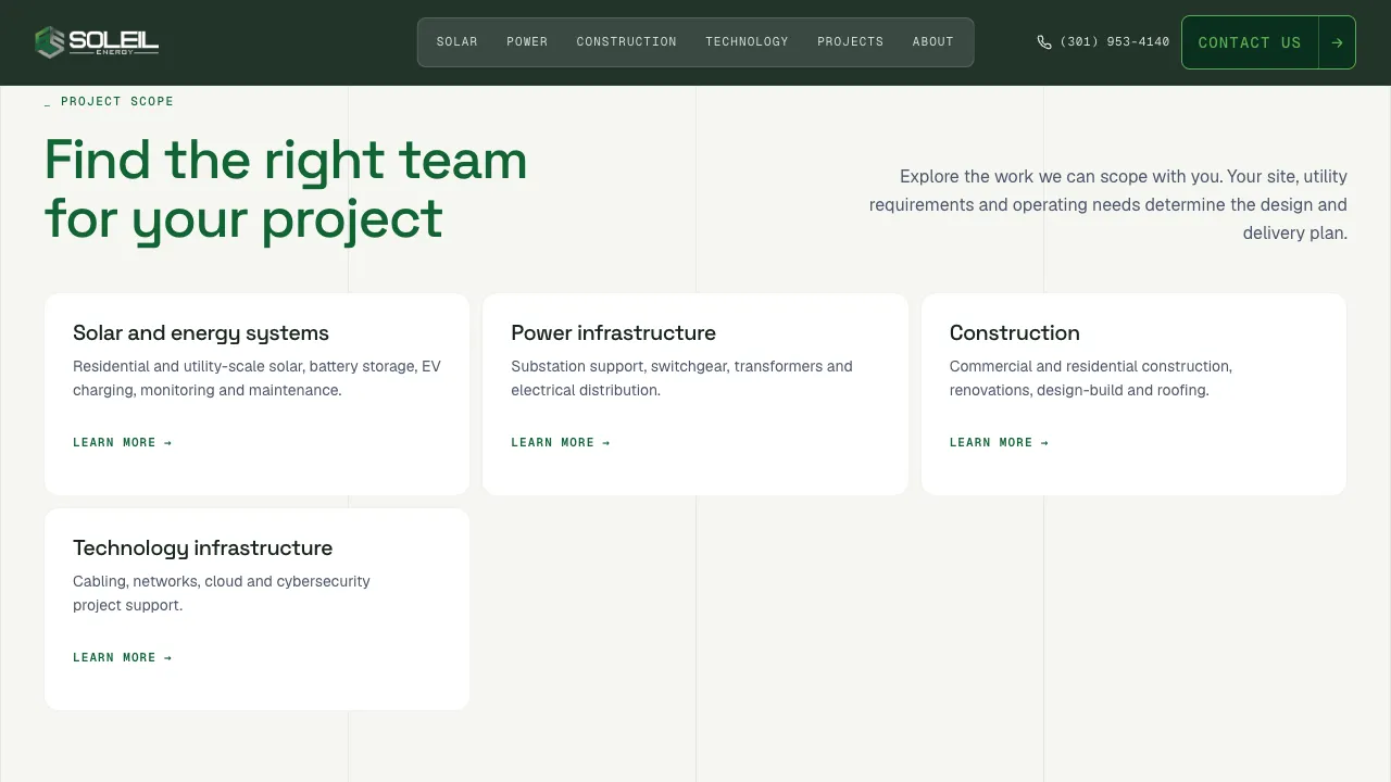 New projects page listing service types